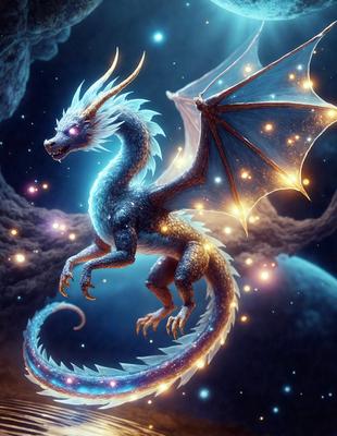 The primary subject of the image is a dragon, which is a mythical creature with a long neck, wings, and a scaly body. The dragon is depicted in a digital art style, with a blue and gold color scheme. The dragon is standing on a cloudy surface, which serves as the backdrop for the scene. The overall atmosphere of the image is one of fantasy and magic, as the dragon appears to be flying through the sky.